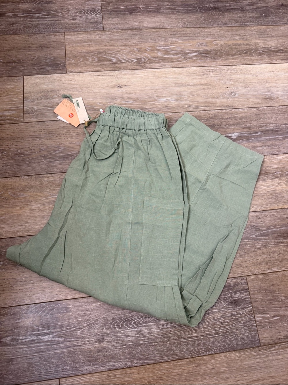 Tarse Linen Blend Sage Green Cargo Drawstring Pants